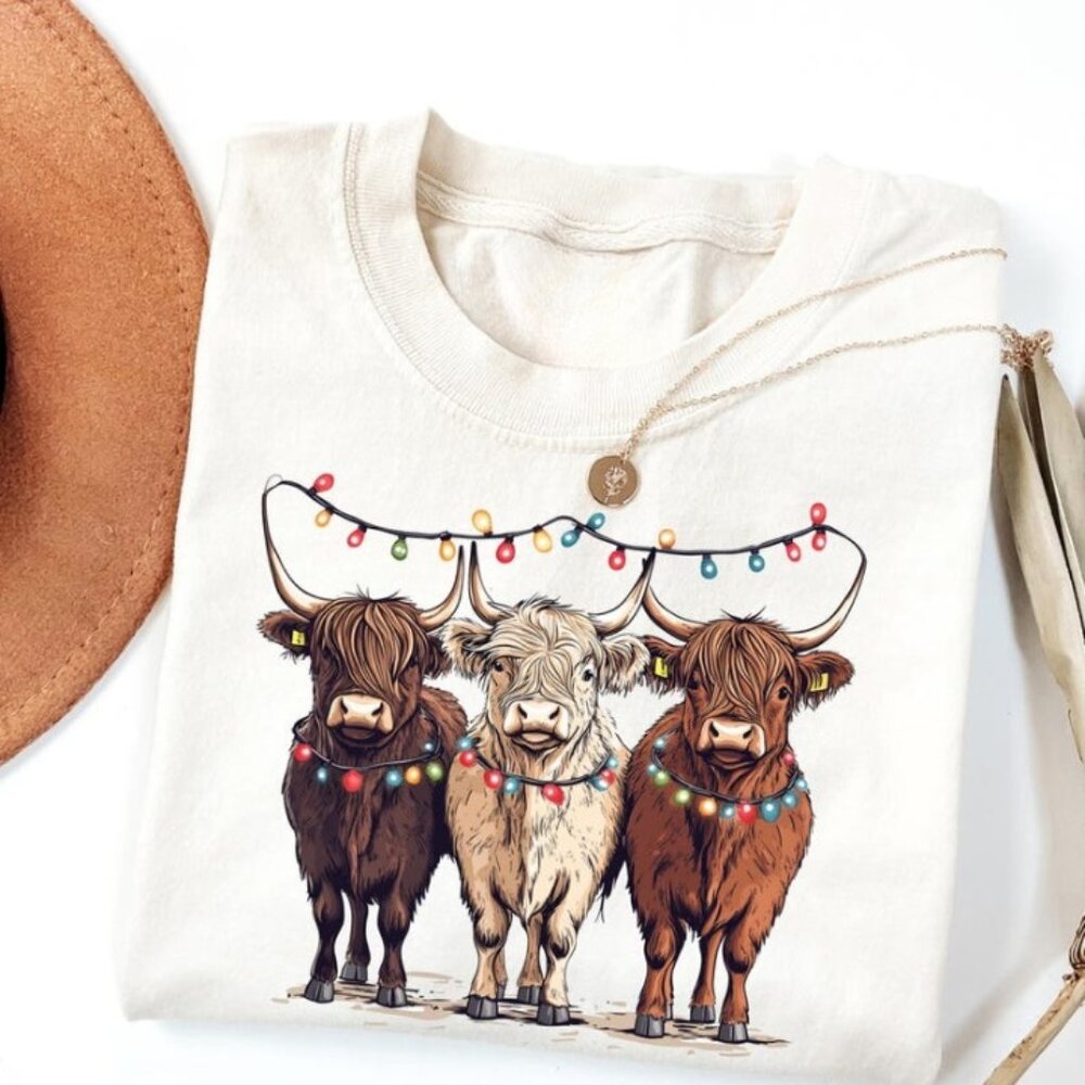 Funny Western Christmas Shirt, Cow Christmas Light Tee - Picture 1 of 4